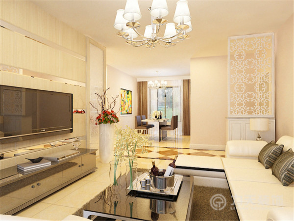 客厅以黄色调为主,电视背景墙采用木材和金属