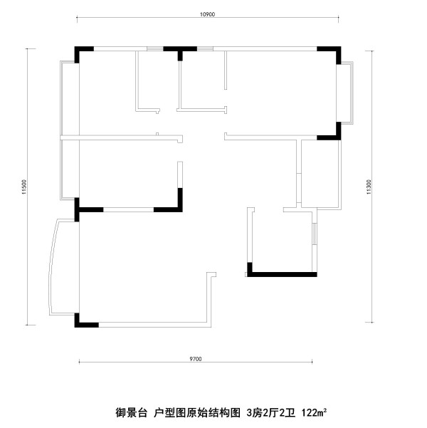 御景台 户型图原始结构图 3房2厅2卫 122m