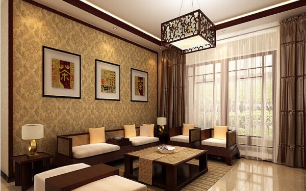 沙发背景墙,简约大方,暖色的花纹壁纸搭配中式元素,给人舒适的感觉