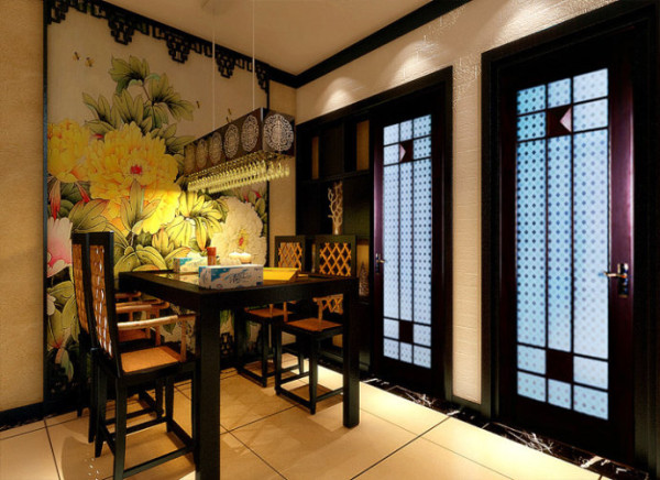 首页 装修效果图 中式灯具 餐厅:中式大面积壁 设计理念:大幅牡丹壁纸